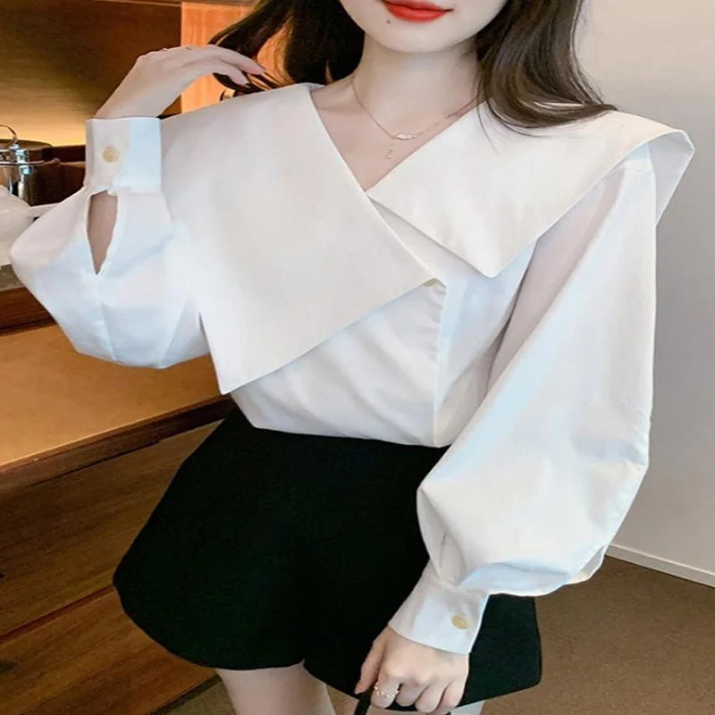 Fashion V-Neck Irregular Lantern Sleeve Blouses Female Clothing Solid Color Women Shirts