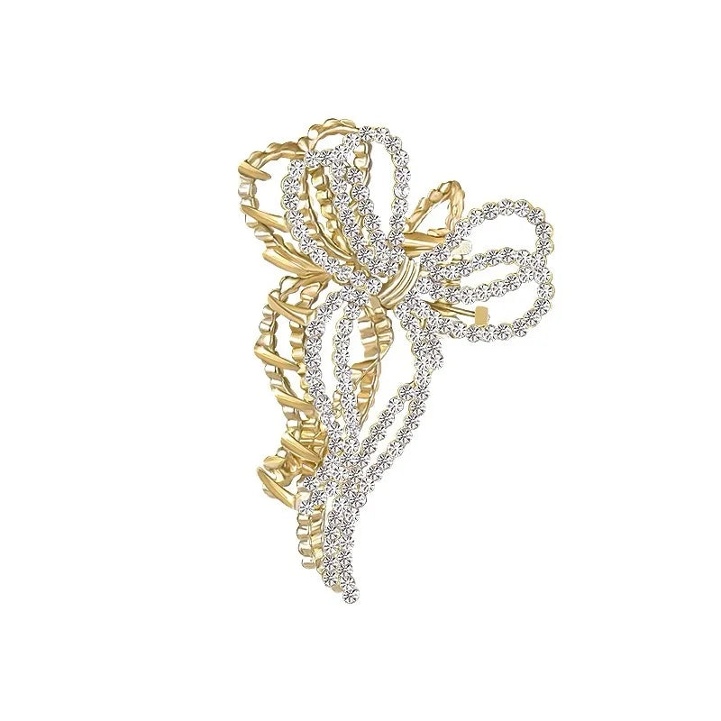 Fashion Pearl Hair Claw Clip for Women Pearl Bow Claw clip Metal Hair Accessories Hollow Barrette Crystal Ponytail Clip Ornament