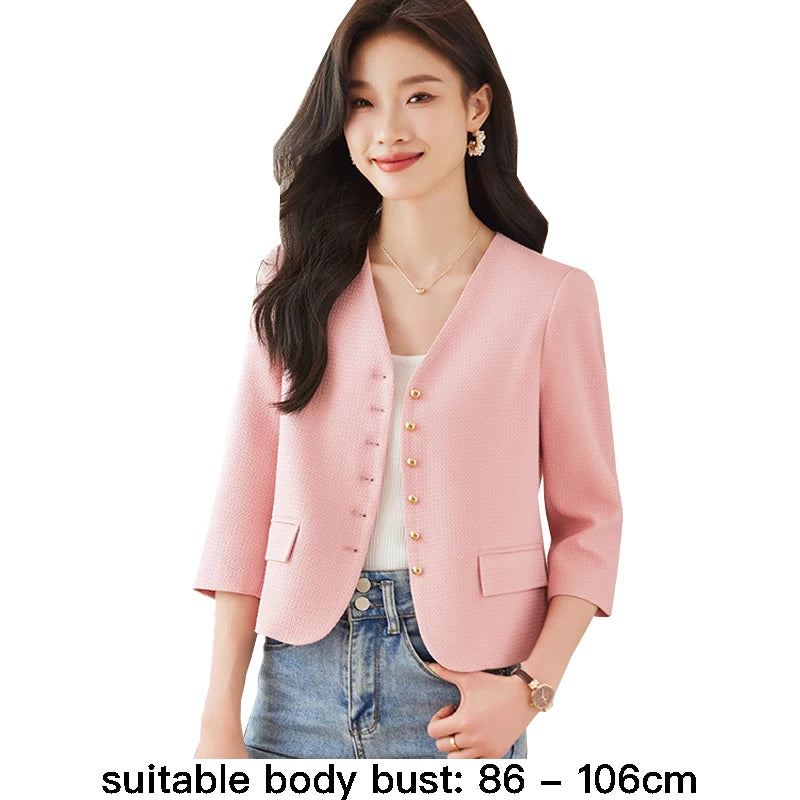 Clothes High quality short blazer for women single breasted three quater sleeve new spring 2025 elegant fashion office clothes pink blue