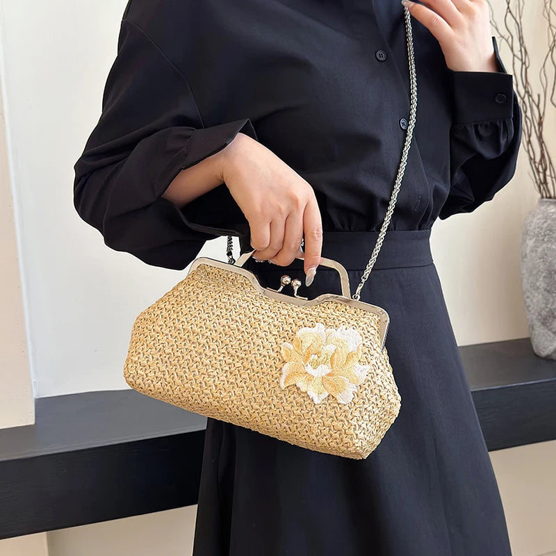 Straw weaving women purse,fashion Embroidered flower handbag for women,lady Beach holiday shoulder crossbody bag,messenger bag