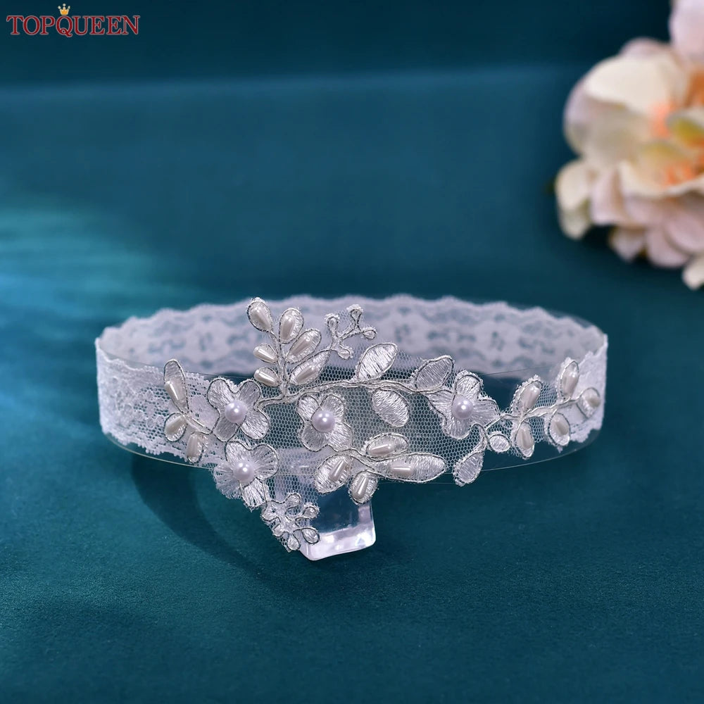 TOPQUEEN Simple Wedding Bridal Garter White Lace Elastic Leg Band Embroidered Flowers Faux Pearls Decorative Women Thigh Rings