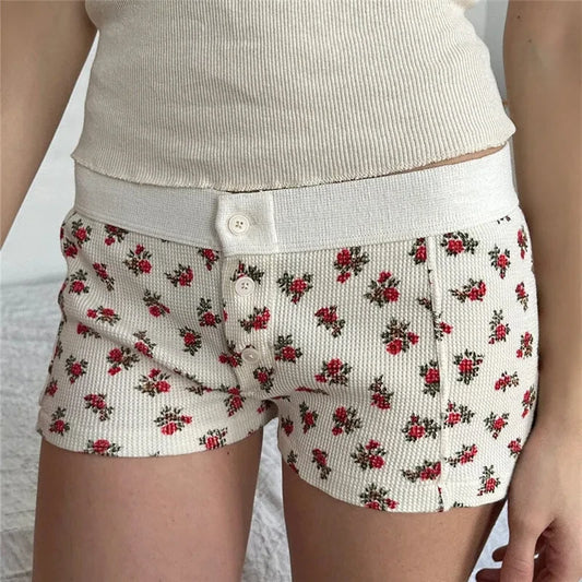 ملابس داخلية قصيرة مريحة بنمط ريترو لطيف من طراز 00s Fairy Y2K Cottage بخصر منخفض وأزرار وملابس نوم نسائية قصيرة وملابس صالة