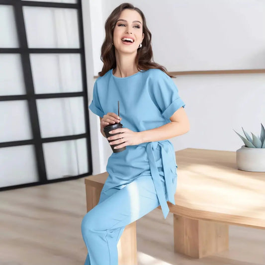 Women's Summer New Fashion Casual Round Neck Beveled Edge Suit Belt Top Set of Petite Pants Elegant Style Office Lady Suit Sets clothes