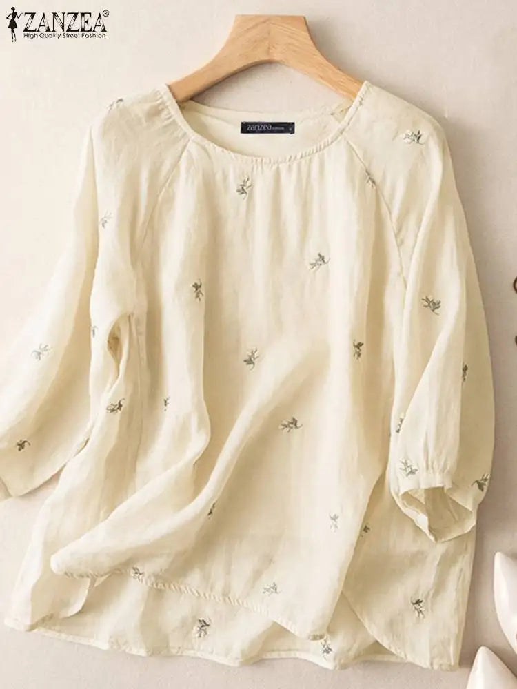 Vintage Floral Embroidery Tops ZANZEA Spring Women Holiday Blouse Party Work Cotton Blusas Autumn Casual 3/4 Sleeve Loose Shirt