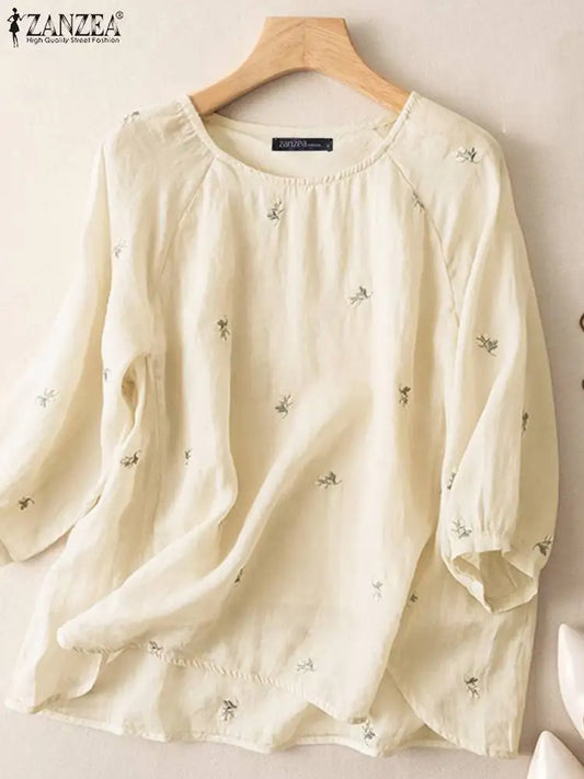 Vintage Floral Embroidery Tops ZANZEA Spring Women Holiday Blouse Party Work Cotton Blusas Autumn Casual 3/4 Sleeve Loose Shirt