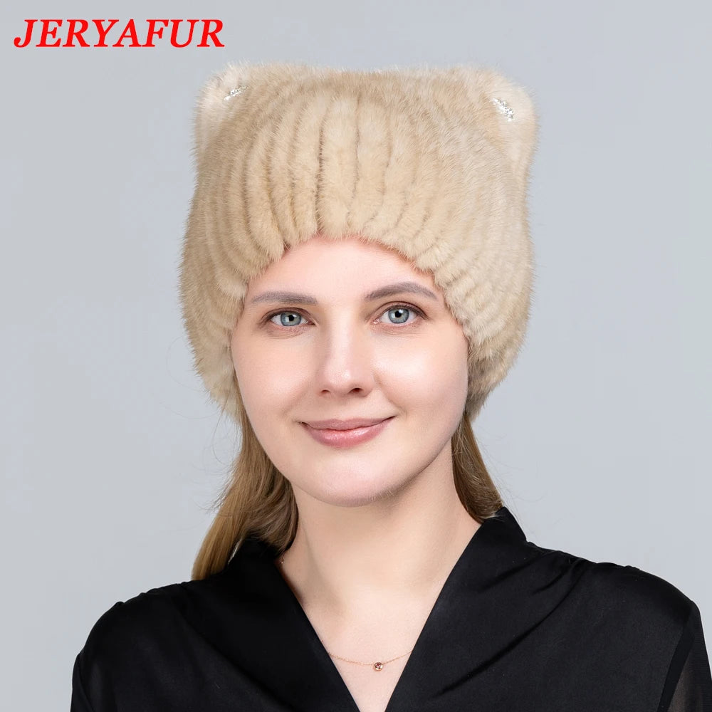 JINBAOSEN Winter Women's Mink Fur Hat Knitted Sweater Hat New Fashion Cat Ears Style European And American Style Ski Caps