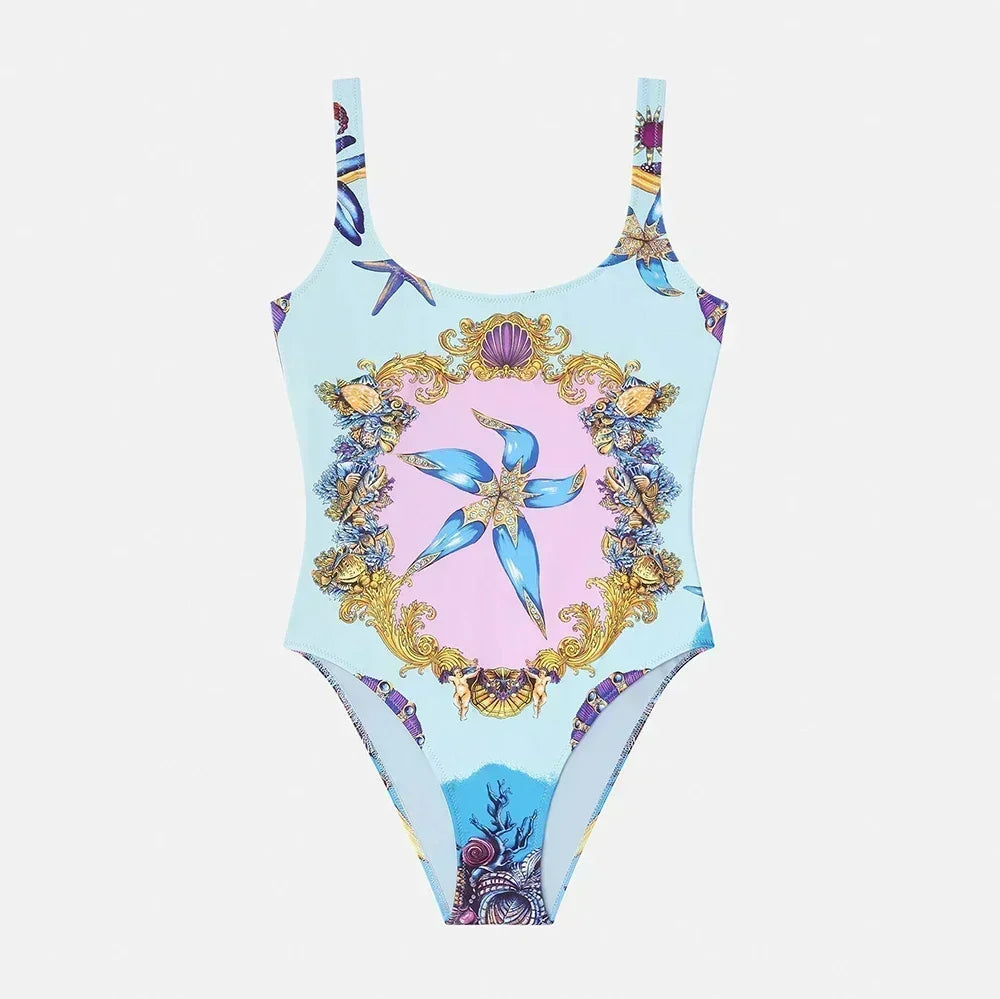 Luxury Design Women's One-piece Swimsuits Coral Flower Print Backless Camisole Swimwear Fashion Brand Women's Bikini Beachwear