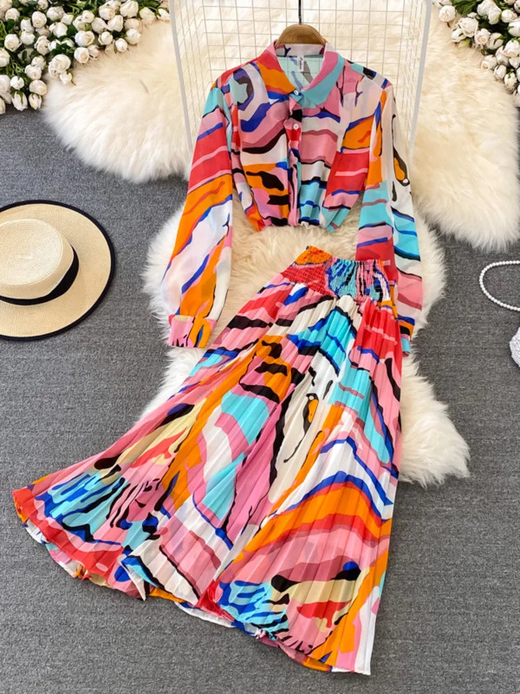 SHENGPALAE 2024 Summer New Women 2 Piece Set Printed Mid Sleeve Shirt And Large Swing Skirt Loose Fashion Female Clothes 5C7427