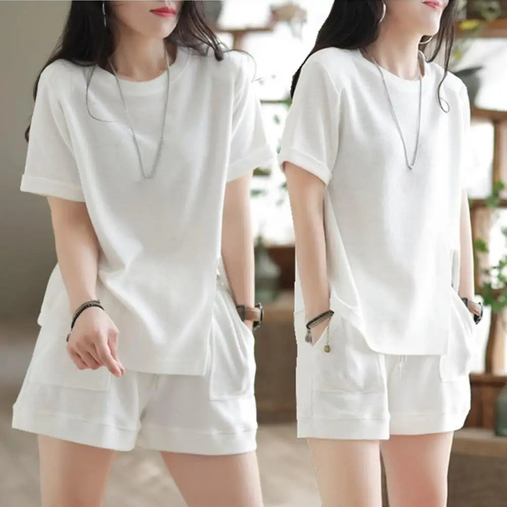 Fashion Sports Shorts Lint Free Dress-up Non-Fading Women Loose Shirt with Shorts Two-piece Suit Short Sleeve Wide Leg