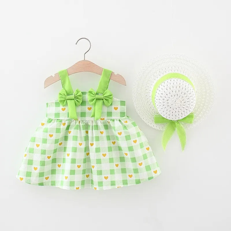 New Clothes Girls 0-3old Summer 90%cotton dress with hat flower bow skirt