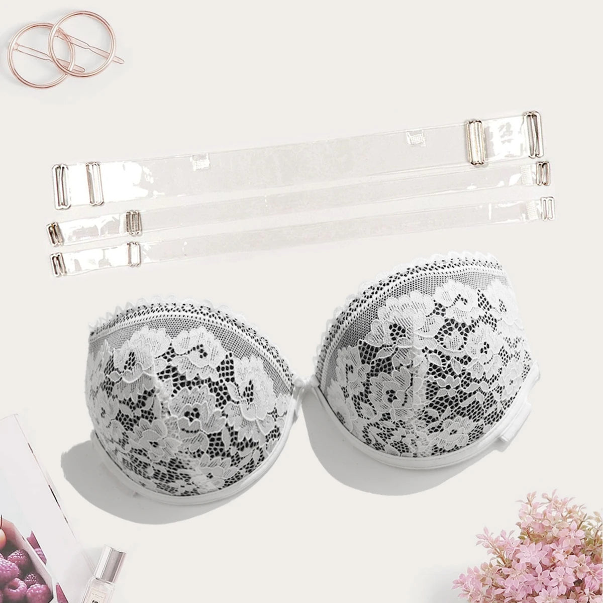 BEAUWEAR Backless Bra with Transparent Straps Thick Pad Push Up Bra with Wire Contrast Color Lace Underwear B C Cup