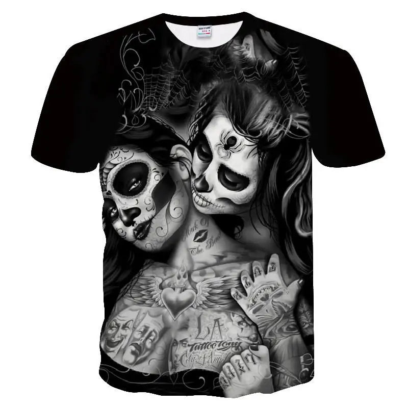 Summer Skull And Beauty Pattern Quick-Dry Men's T-shirt Hip Hop 3D Print Personality   Neck Short Sleeve  Fashion Clothes