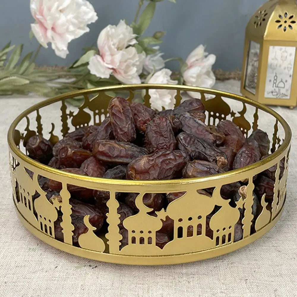 2/3Pcs Hollow Ramadan Tray Set Castle Round Eid Mubarak Plates Ornament Geometric Candy Pastry Food Tray Special Festivals