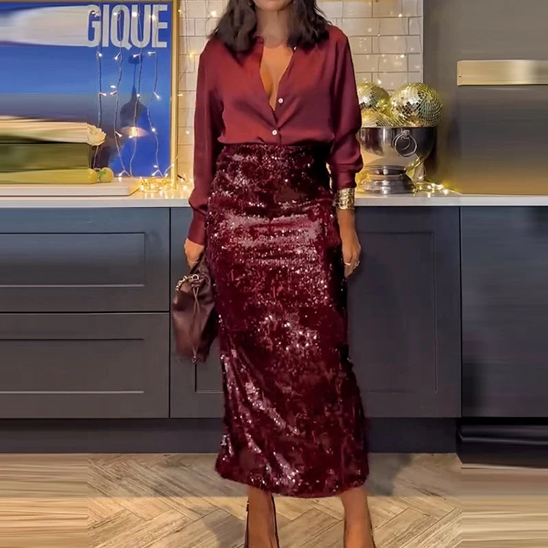 2025 Fashion Temperament Party Suits Elegant Lapel Button Shirts & Sequin Skirt Sets Women Casual Long Sleeve Solid 2Pc Outfits