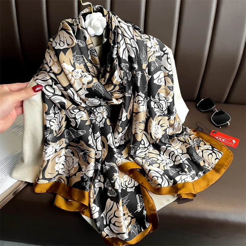 New 2025 180*88cm classic Silk Scarf Women Foulard Office lady Large Fashion Print Beach Hijab Shawl Warp Bandanna Muffler