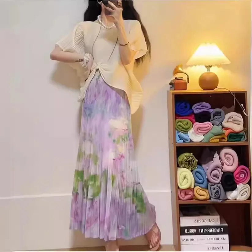 Pink Shirt Half Skirt Set for Women's 2024 Summer New Item, Cool and Zen Style Two-piece Set Miyake Casual Style