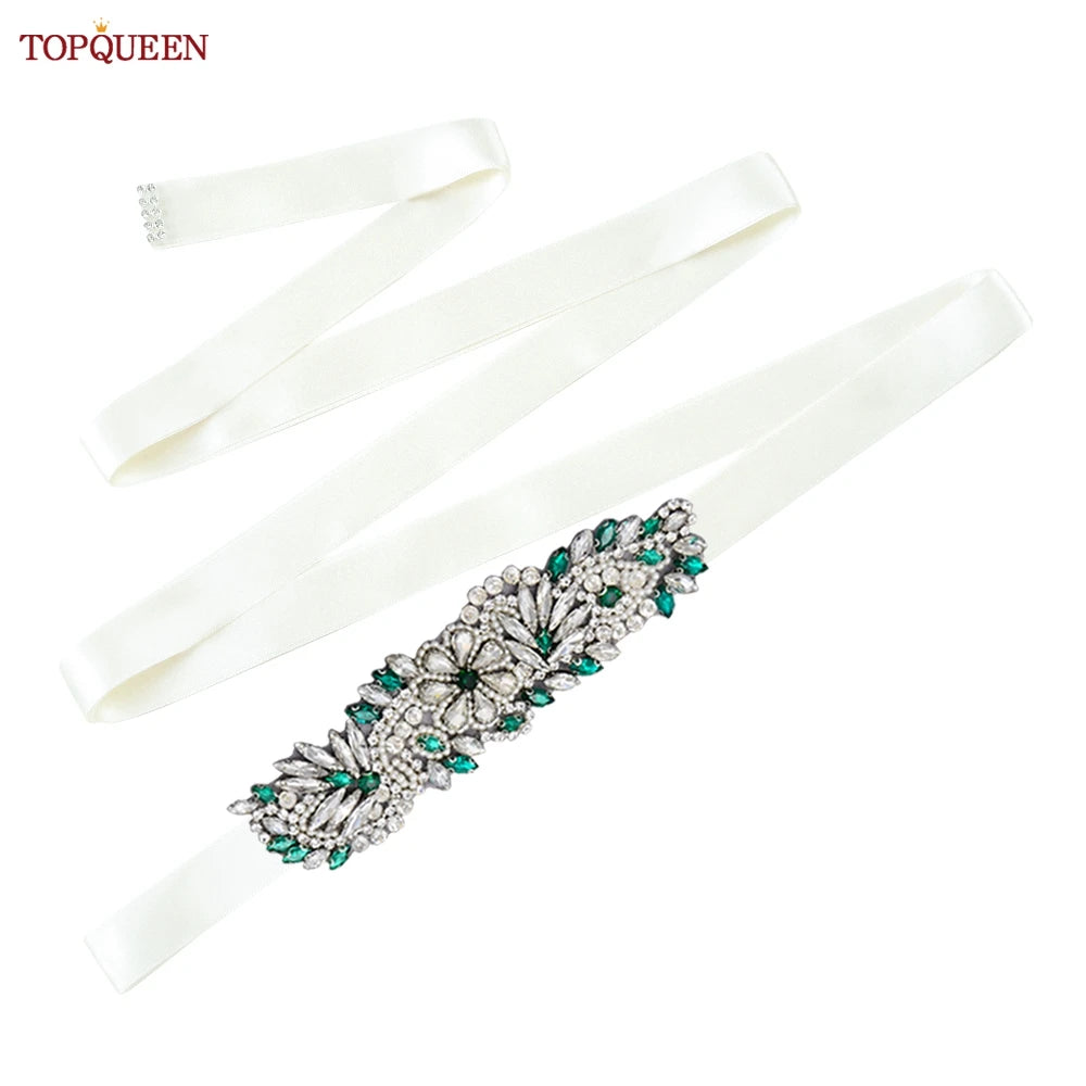 TOPQUEEN S22 Bride Rhinestone Belt Shiny Wedding Accessories Party Woman Emerald Belts Jewelry Wedding Dress Decoration Sash