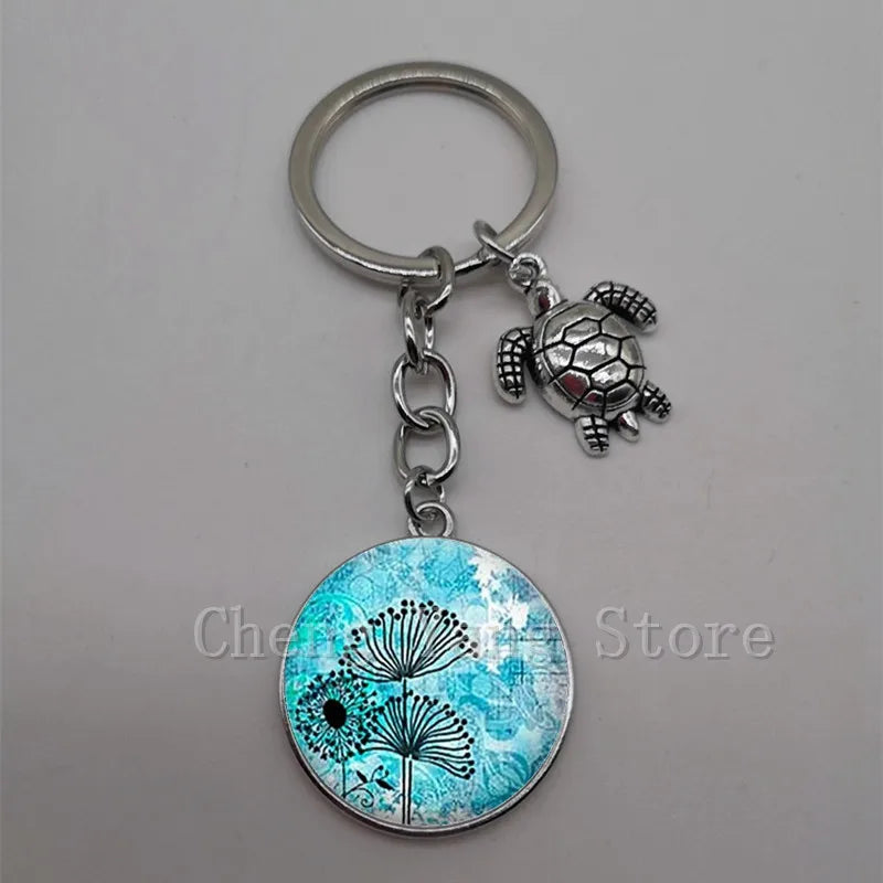 Marine life jewelry turtle dolphin shell keychain key ring glass convex round keychain charm turtle pendant Christmas gift