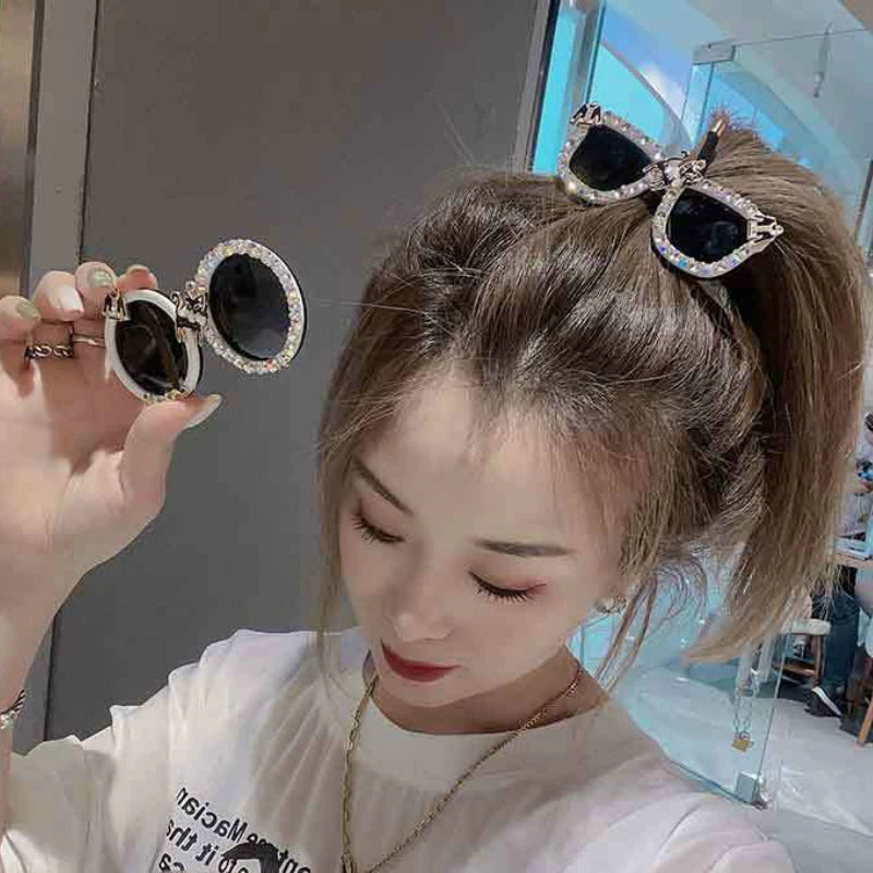 Black Sunglasses Shape Elastic Hair Bands Pins for Women Crystal Rhinestone Hairband Hair Clips Rope Tie Girls Hair Accesorios