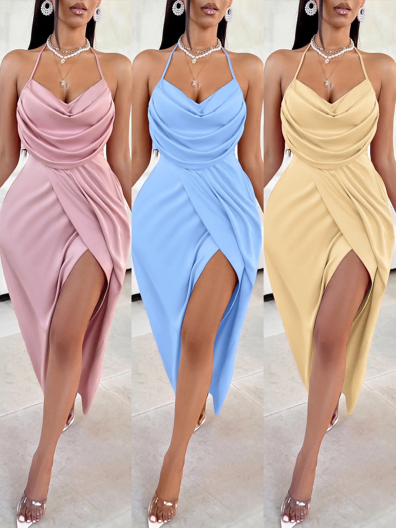 New Casual Women's Clothing Hot Selling Solid Color Pocket Collar Camisole Pleated Slit Dress