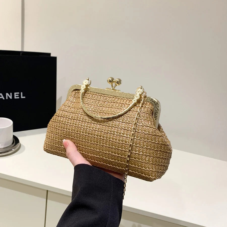 Summer Beach Straw Bags Exquisite Gold Chains Party Banquet Purse Hand Woven Handbag Female Clutch Purses Shoulder Crossbody Bag