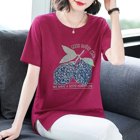 Fashion O-Neck Short Sleeve Sequined Diamonds Letter T-Shirts Women's Clothing 2024 Summer Loose Casual Tops Commuter Tee Shirt