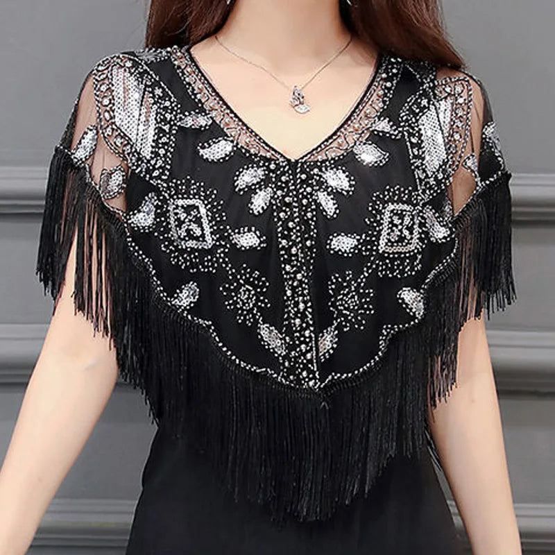 Bling Tassels Blouse Shirt Women Summer Sequin Casual Tops Evening Shawl Wraps Mujer Poncho Shirt Party Club Clothing