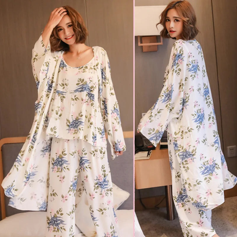3 Pieces Women Japan Kimono Pajamas Cotton Sleepwear Pijama Soft Home Clothing Floral Printing Sleep Lounge Pyjama Pyjamas Set