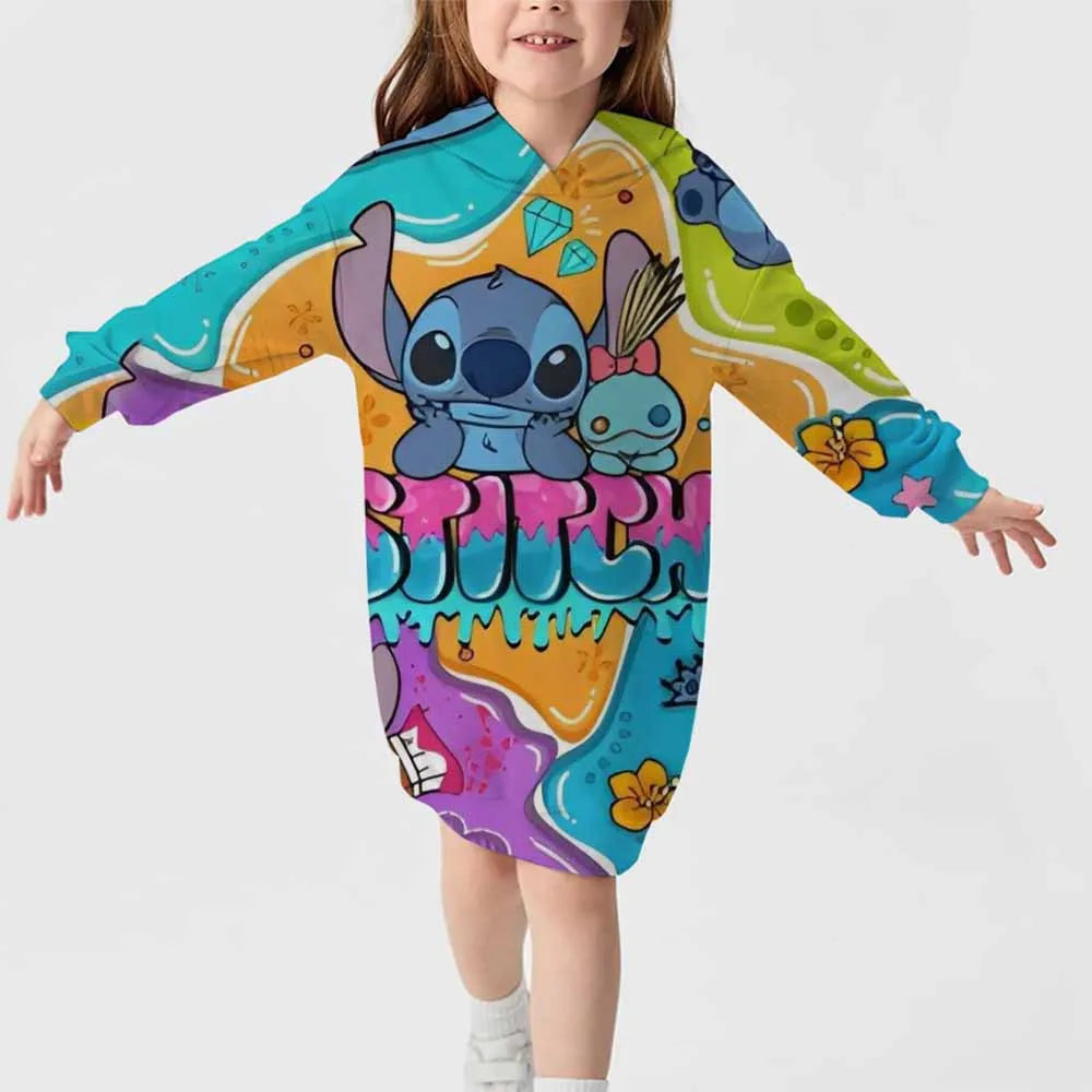 2024 neuer Disney-Stichmuster-Kapuzenrock für Herbst und Winter für Mädchen, süßes, bequemes Langarm-Kapuzenpulloverkleid 