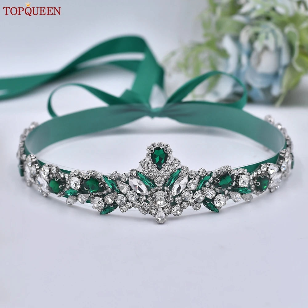TOPQUEEN S462-KL Rhinestone Bridal Belt Wedding With Green Diamond Wedding Dress Accessories Belt Sash Party Women Dress Belt