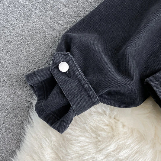 Vintage Pearl Beaded Black Denim Outerwear Women Autumn Elastic Waist V-neck Long Sleeve Korean Irregular Hem Short Jeans Jacket