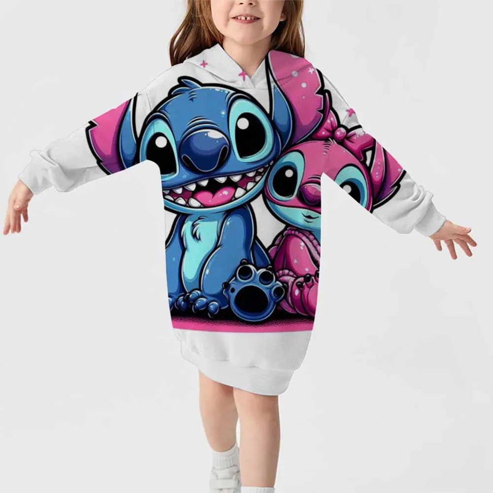 2024 neuer Disney-Stichmuster-Kapuzenrock für Herbst und Winter für Mädchen, süßes, bequemes Langarm-Kapuzenpulloverkleid 