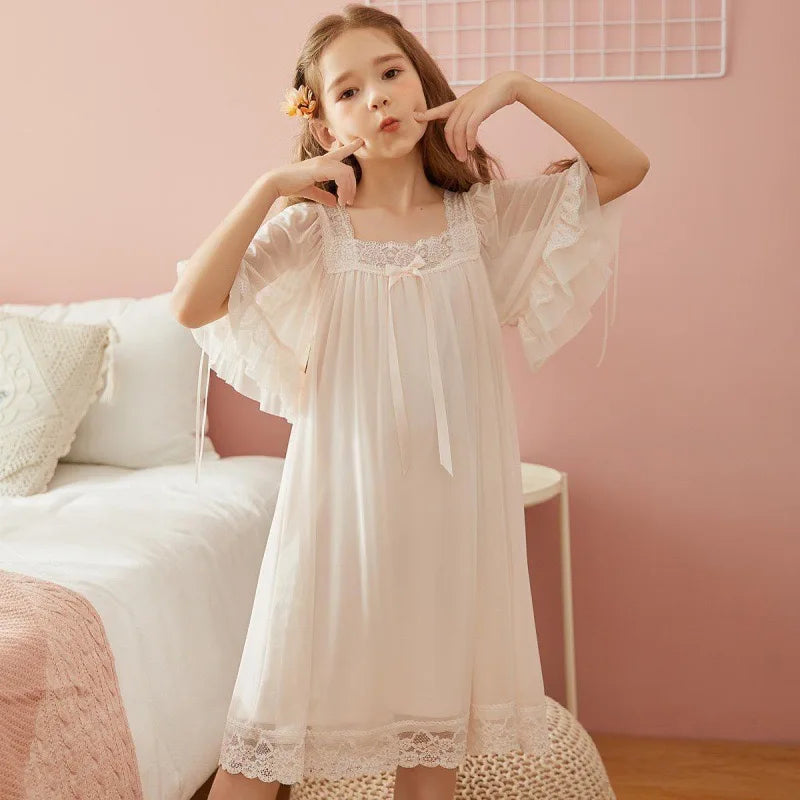 Baby Girl Princess Cotton Lace Night Robe Summer Toddler Teens Child Pajamas Dress Bow Baby Home Suit Child Clothes 3-14Y