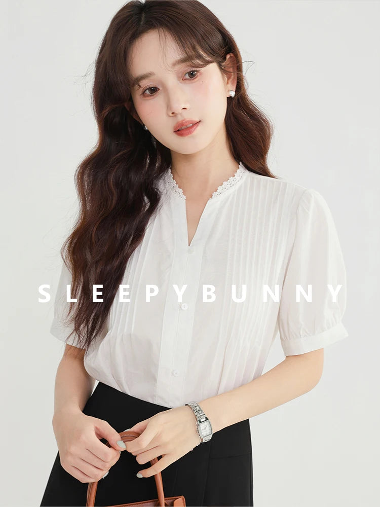 White Lantern Sleeve Blouse Women Spring Fall French V-Neck Long Sleeve Elegant Petite Office Shirt Stylish Casual Chic Top clothes