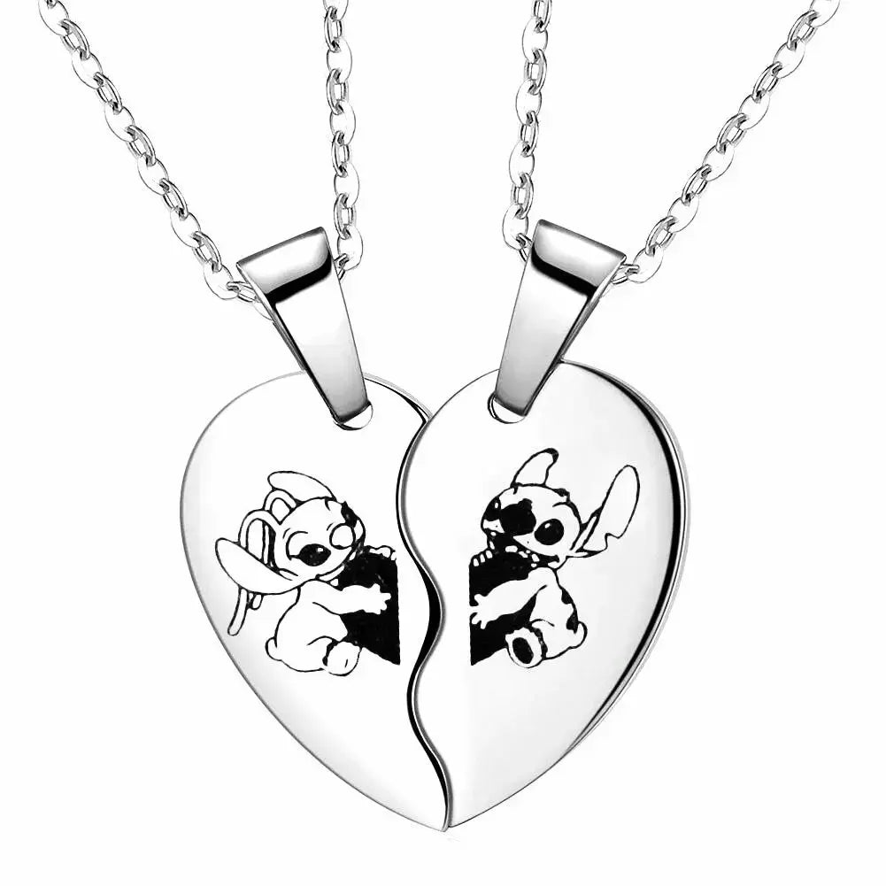 Best Friends Disney Lilo & Stitch Necklace Stainless Steel Stitching Cute Figure Stitch Heart Pendant Neck Chain Lovers Jewelry