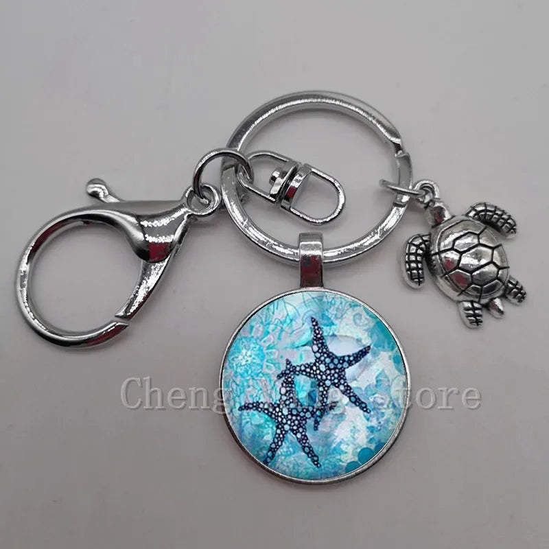 Marine life jewelry turtle dolphin shell keychain key ring glass convex round keychain charm turtle pendant Christmas gift