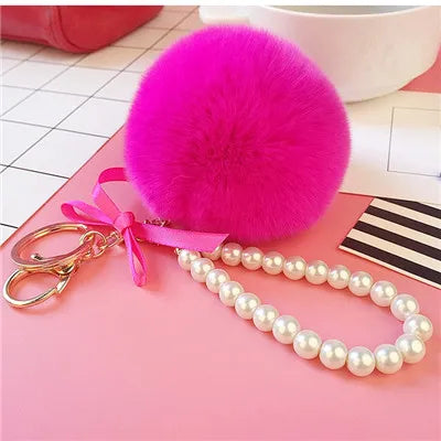 Car Women handBag Key Chain Fashion Pearl Chain Crystal Bottle Bow Pompom Keychain Fluffy Puff Ball Keychains Jewelry