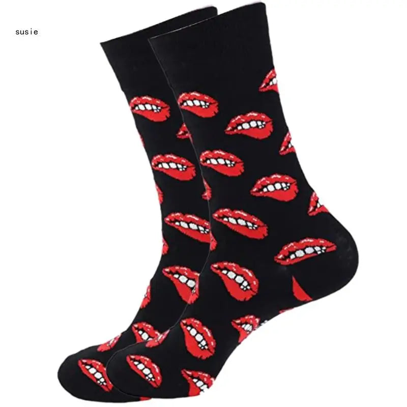 Cotton Middle Calf Socks for Him and Her Heart Lips Pattern for Valentines Day X7YA