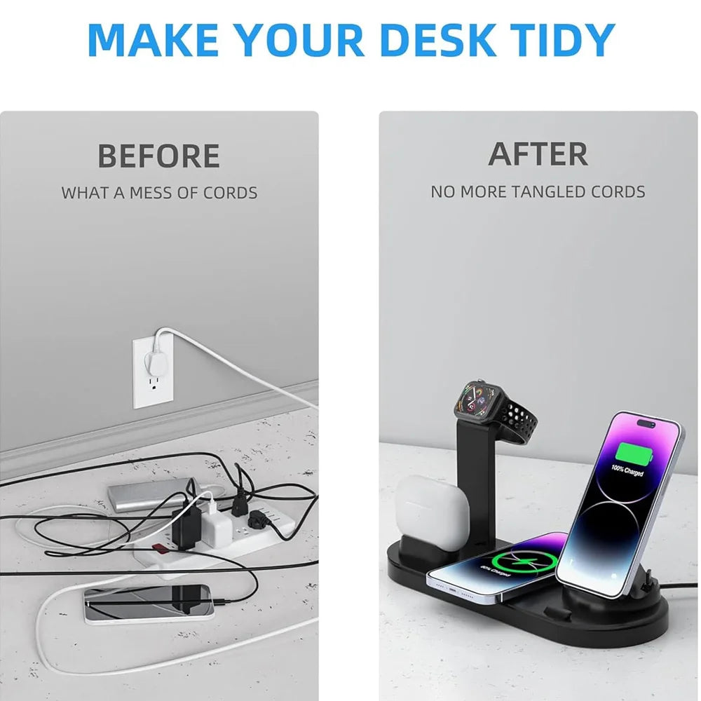 حامل شاحن لاسلكي 6 في 1 لهاتف iPhone 15 14 13 12 X Apple Watch Airpods شواحن هواتف مكتبية ومحطة شحن سريعة 