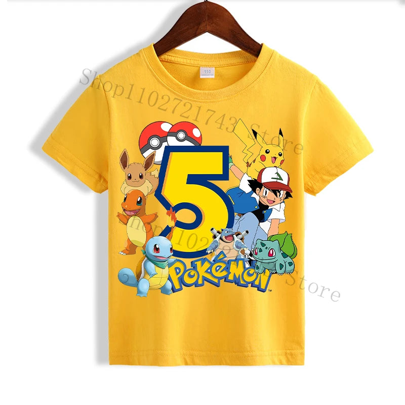 Pokemon Pikachu Yellow T-shirts for Children Anime Short Sleeved Shirt Boys Girls Summer Fashion Number 1-10 Tops Kids Clothes