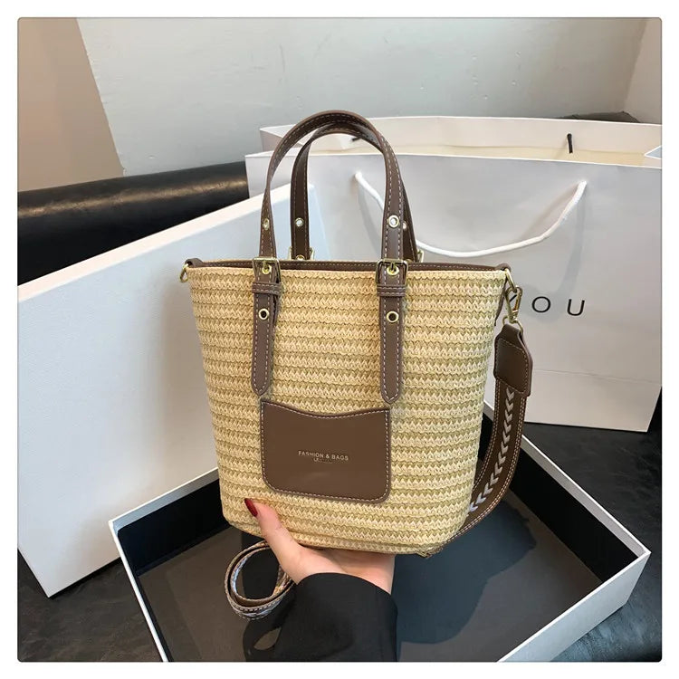 Woven Straw Shoulder Bag Female Crossbody Bags for Women 2023 Designer Bucket Bag Summer Beach Handbags Purse Travel Shopper Bag