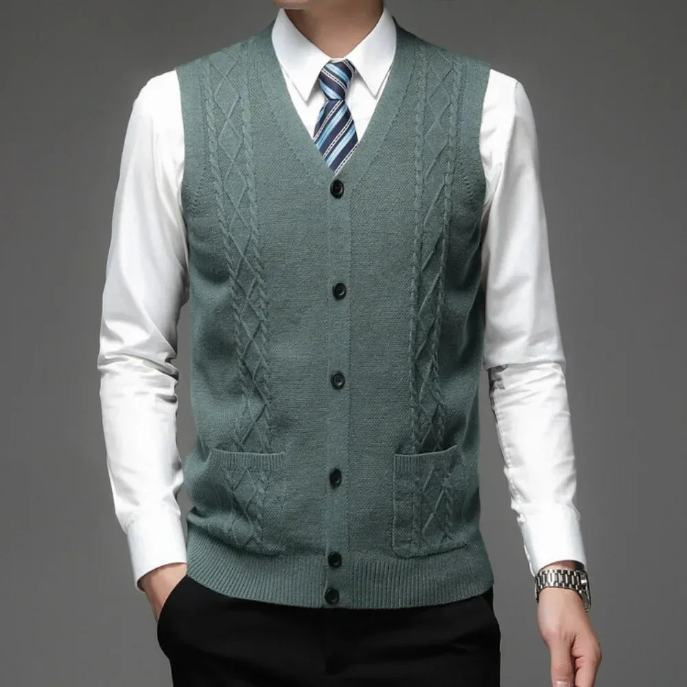 Men's Business Casual Pullover Wear Warm Sleeveless  Velvet Knitted Sweater Vest Tops