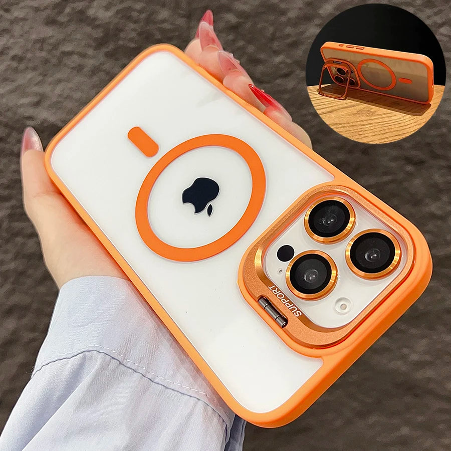 Luxuriöse, magnetische, stoßfeste Telefonhülle für iPhone 15 16 14 13 12 11 Pro Max für Magsafe Funda Standglaslinsenschutzabdeckung 