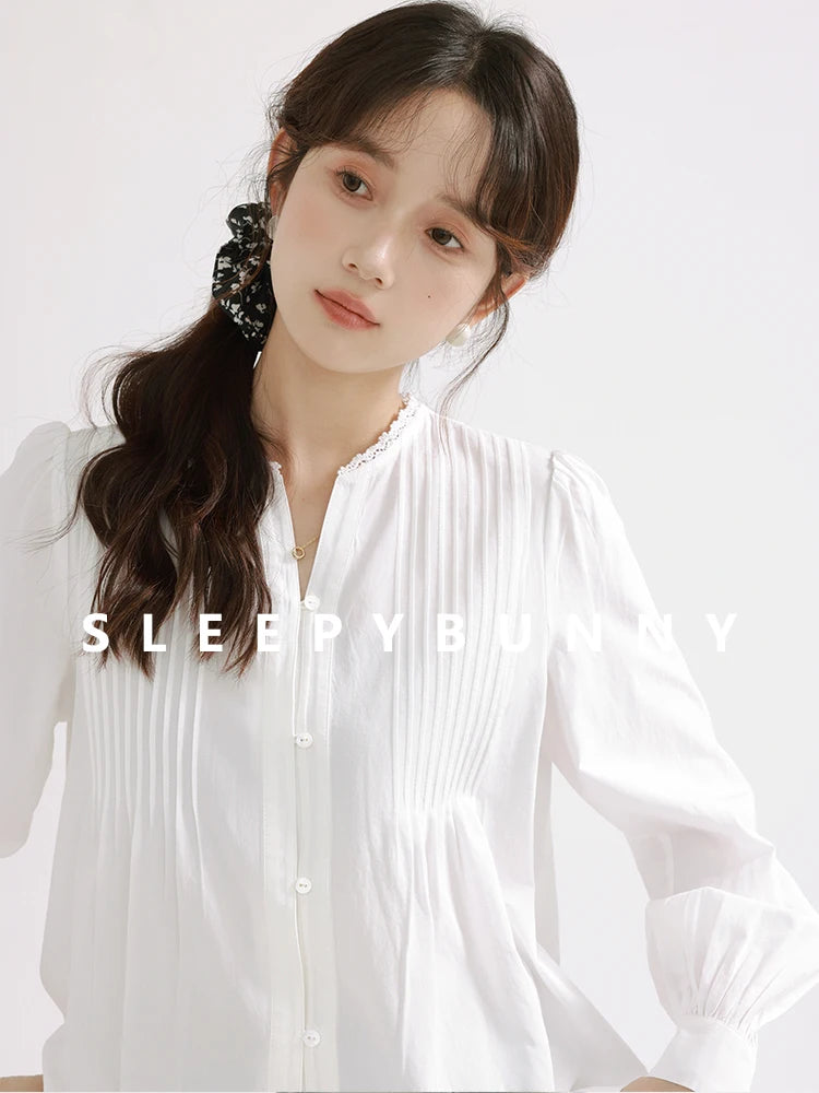White Lantern Sleeve Blouse Women Spring Fall French V-Neck Long Sleeve Elegant Petite Office Shirt Stylish Casual Chic Top clothes