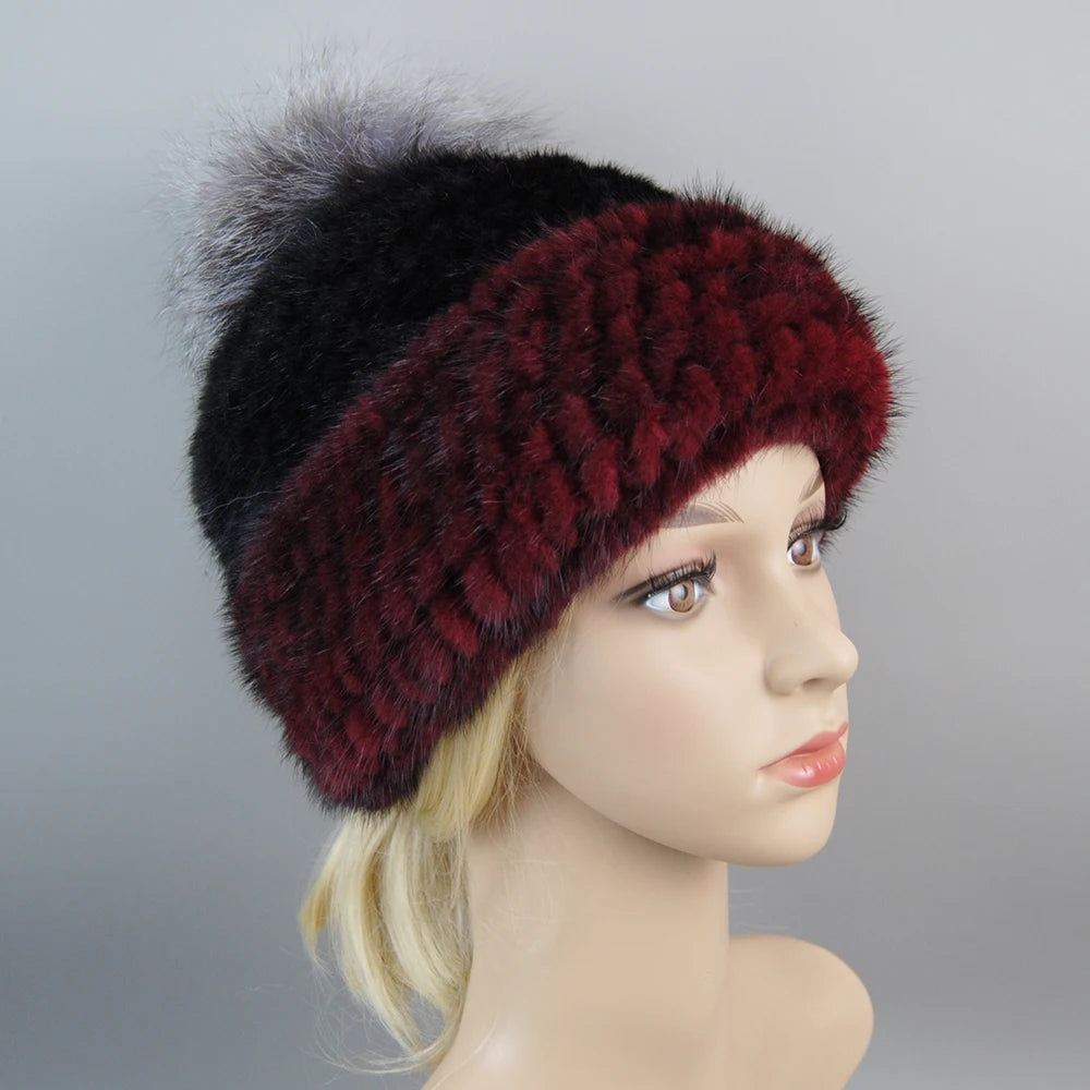 Real Mink Fur Hat For Winter Women Imported Knitted Mink Cap With Fox Fur New Hot Sale High Quality Women Beanies Hat