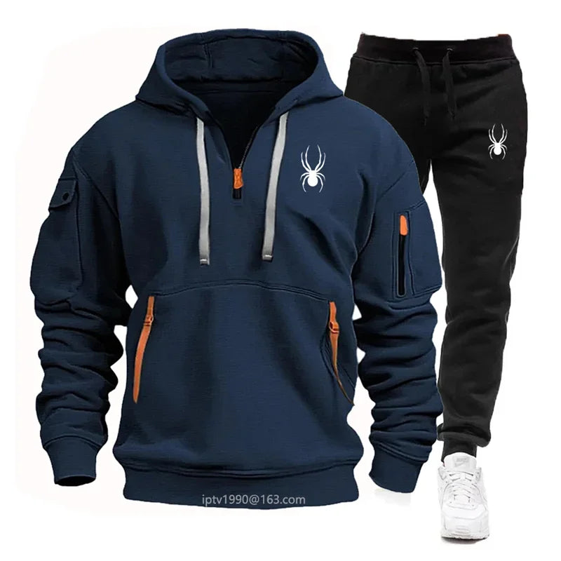 New men's sports suit hooded sweatshirt long pants arm pocket zipper fashionable casual outdoor jogging sportswear men's suit mon