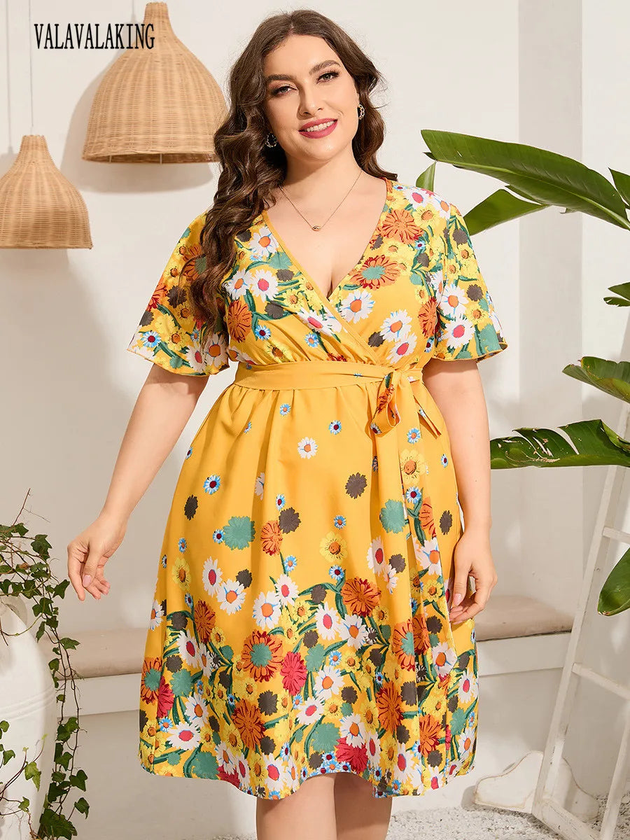 2025 Casual V-Neck Floral Print Plus Size Dress Women Short Sleeve Lace-Up Large Midi Dress Lady Chubby Curvy Pleated Long Dress