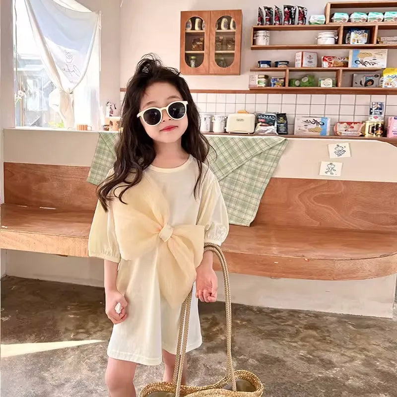 2024 Summer New Girls' Dress Big Bow Dress Sweater T-shirt Dress Casual Baby Kids Clothes Personalized Children's Clothing