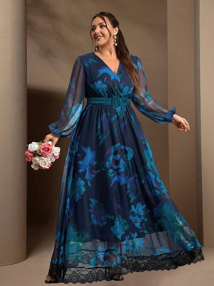 TOLEEN 2024 New Women's Casual Elegant Formal Party Long Maxi Dresses Plus Size Floral Print Lantern Sleeve Contrast Lace Dress