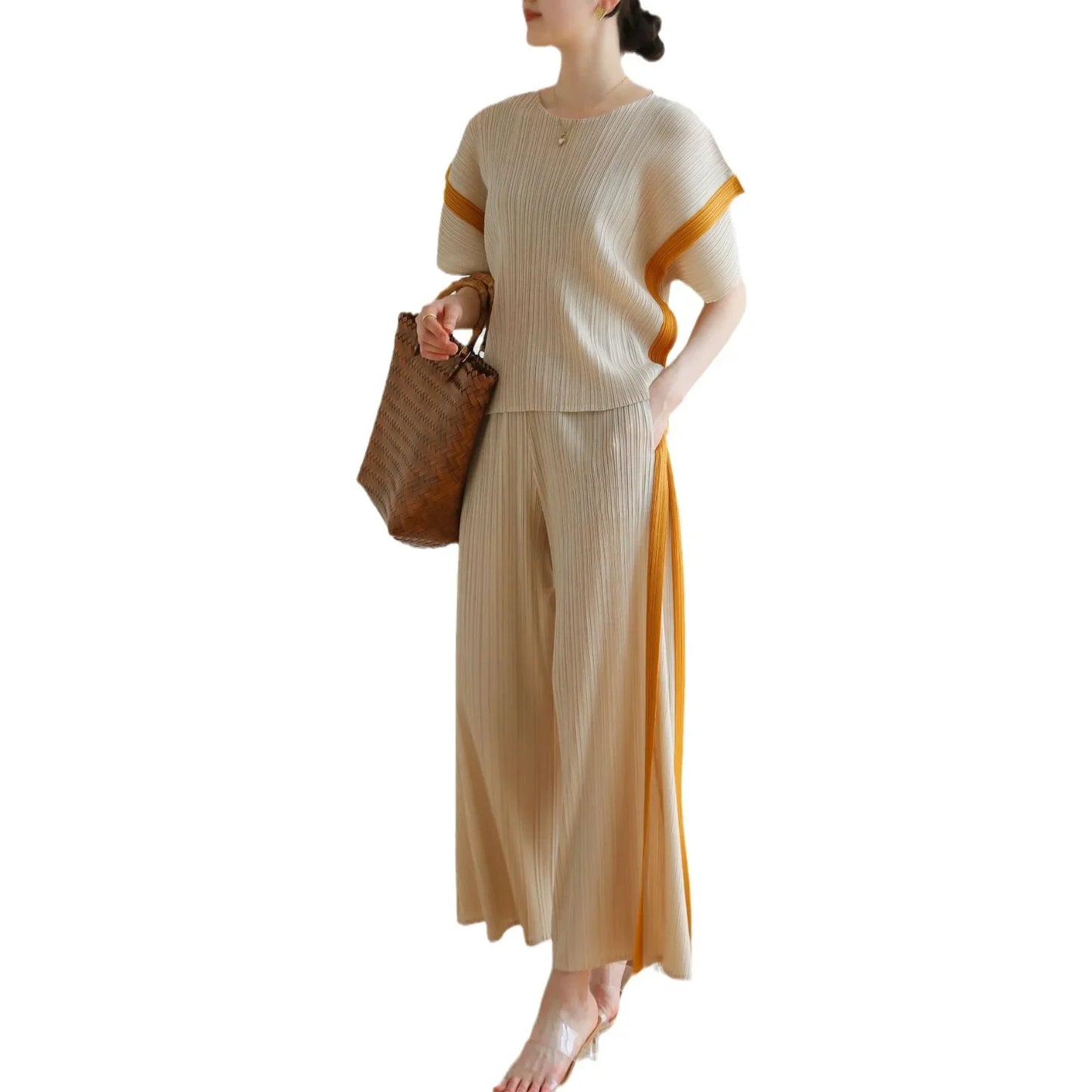 MIA XU Pleats Pants Sets 2025 Summer Miyake High-end Pleats Color Blocking False Two Pieces Fashion Casual T-shirt Pants Set